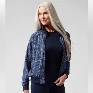 Athleta Brooklyn Bomber II jacket in a blue splatter print
